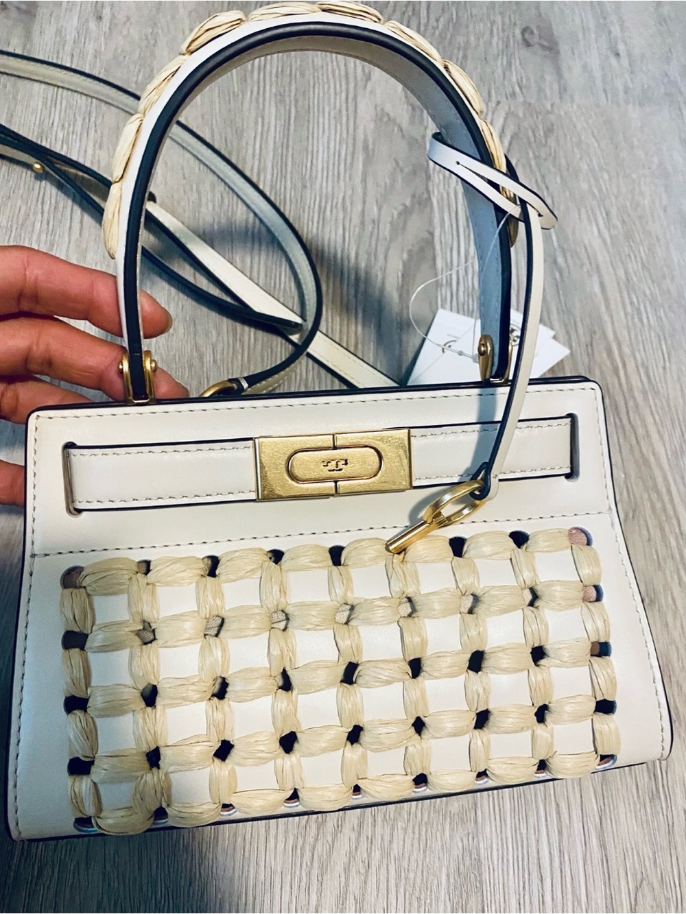 Tory Burch Lee Radziwill Leather Raffia Trim Handle Bag Woven Accent White Top-H